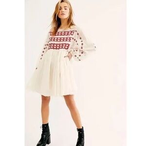 Free People Cream and Red Mesh Top